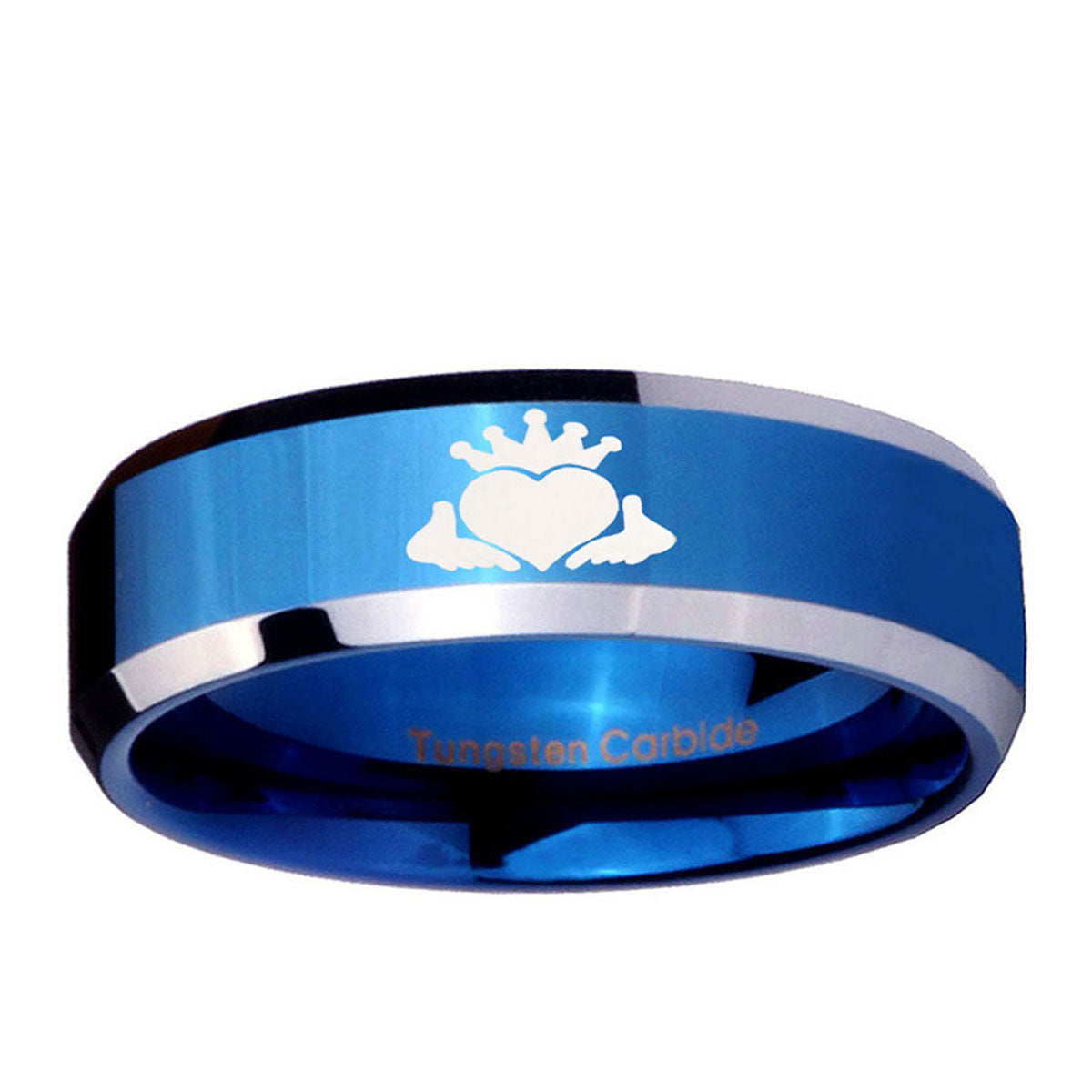 10mm Claddagh Design Beveled Edge Blue 2 Tone Tungsten Ring