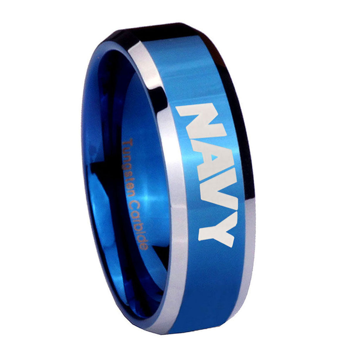10mm Navy Beveled Edges Blue 2 Tone Tungsten Carbide Mens Engagement Band