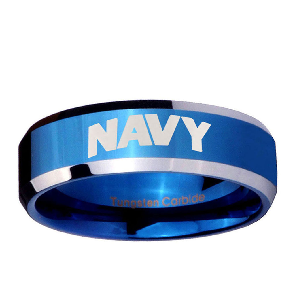 10mm Navy Beveled Edge Blue 2 Tone Tungsten Ring