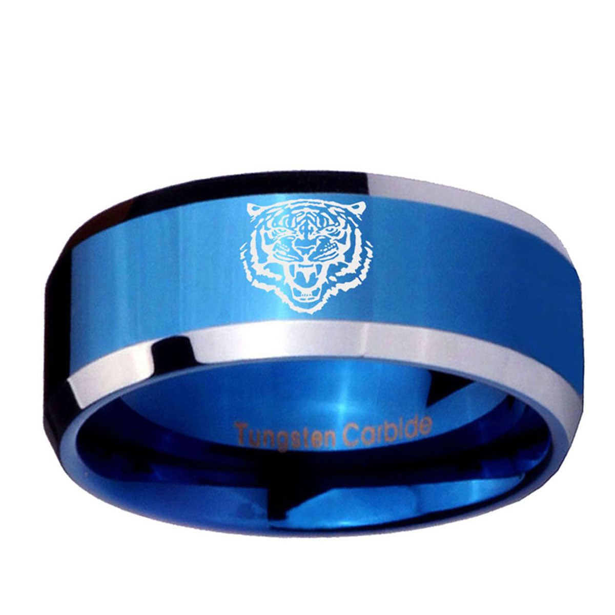 10mm Lion Beveled Edge Blue 2 Tone Tungsten Ring