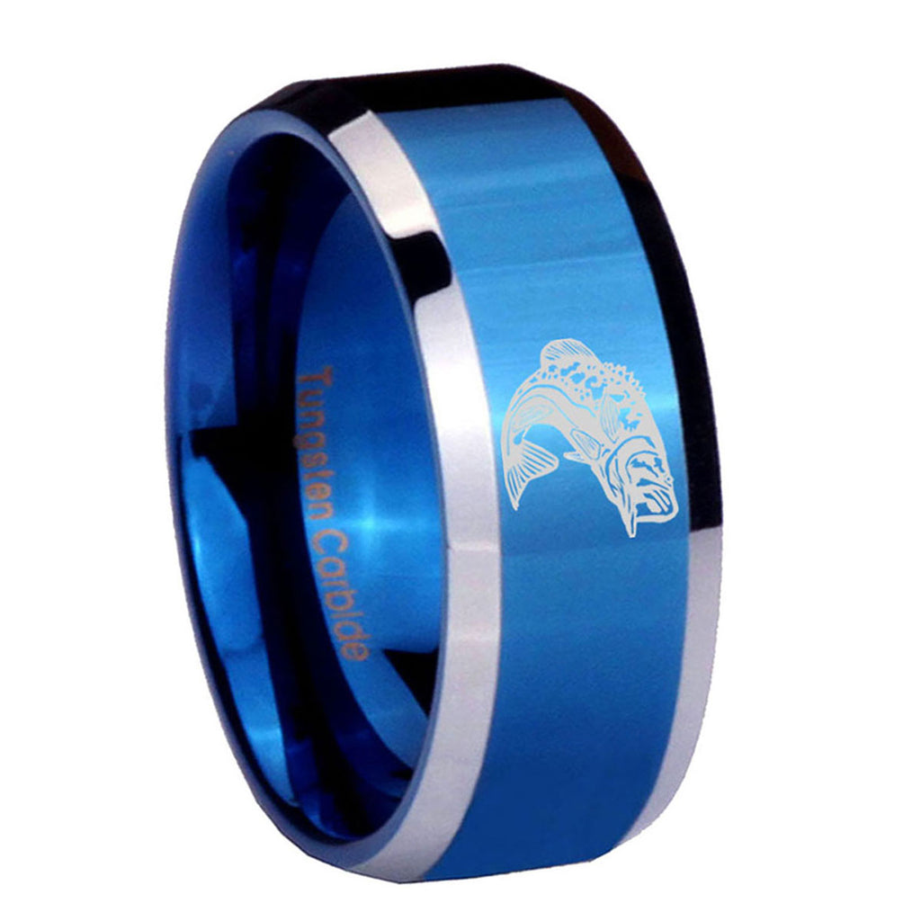 8MM Fishing Beveled Blue Tungsten Ring For Him