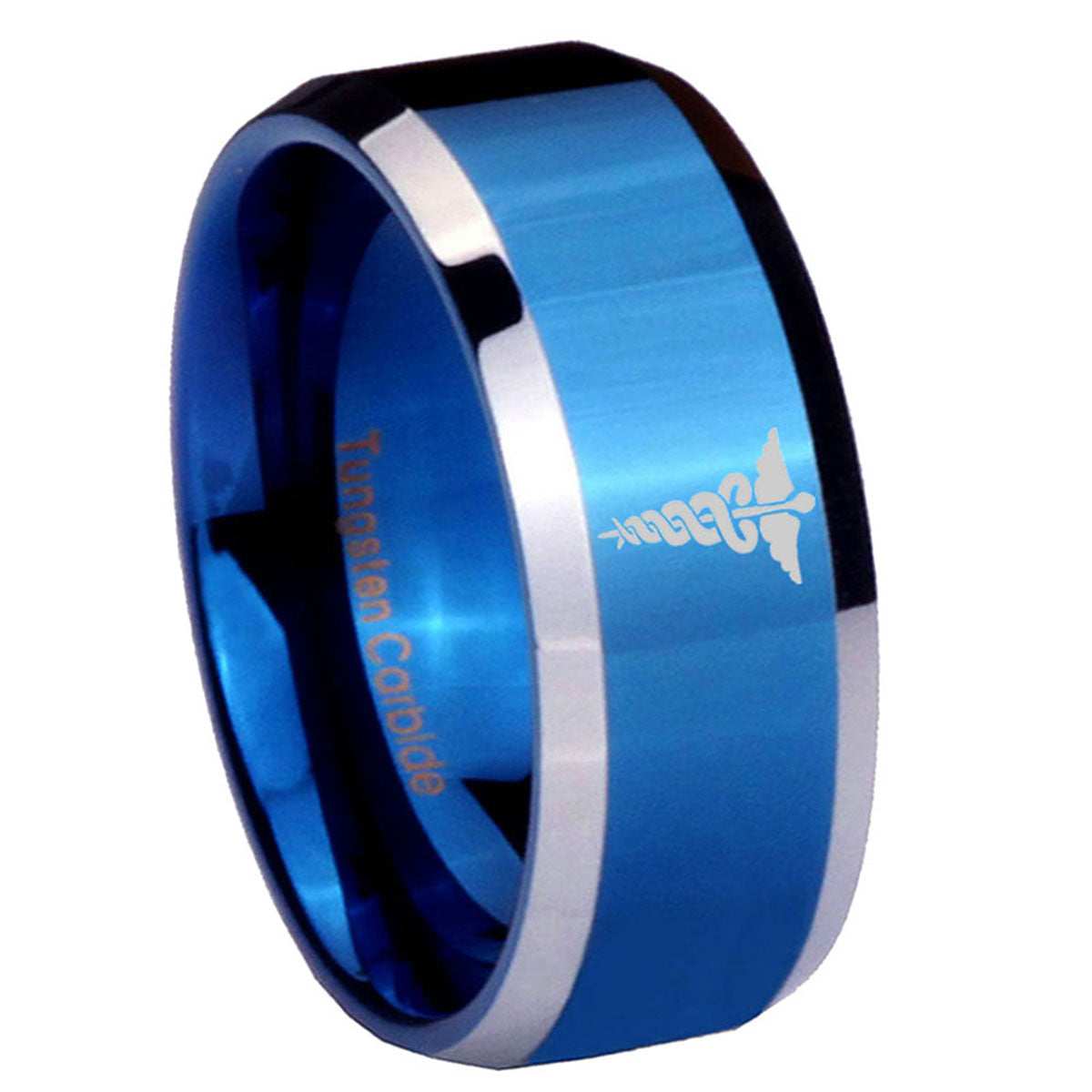 8MM Medical Symbol Beveled Blue Tungsten Ring For Men