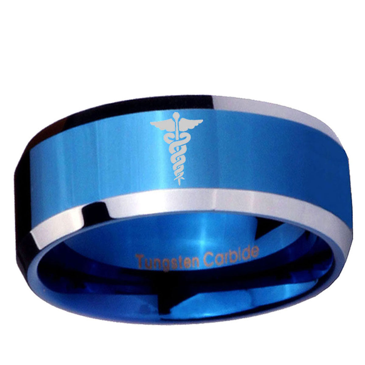 10mm Medical Symbol Beveled Edge Blue 2 Tone Tungsten Ring