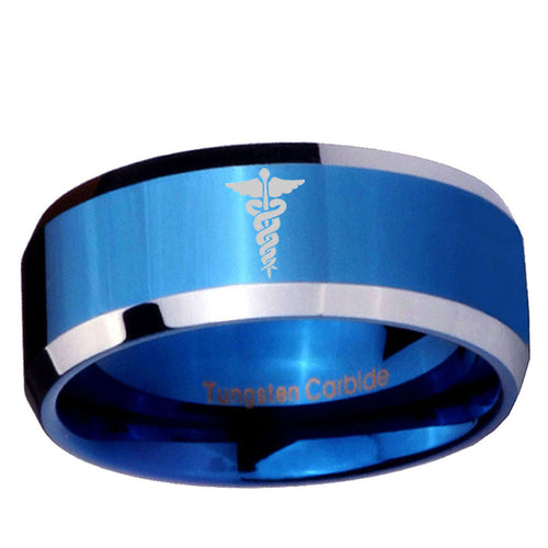 10mm Medical Symbol Beveled Edge Blue 2 Tone Tungsten Ring