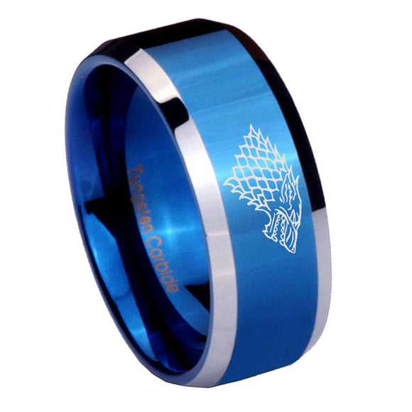 10mm-Game-Of-Thrones-House-Stark-Direwolf-Beveled-Edges-Blue-2-Tone-Tungsten-Men's-Engagement-Ring