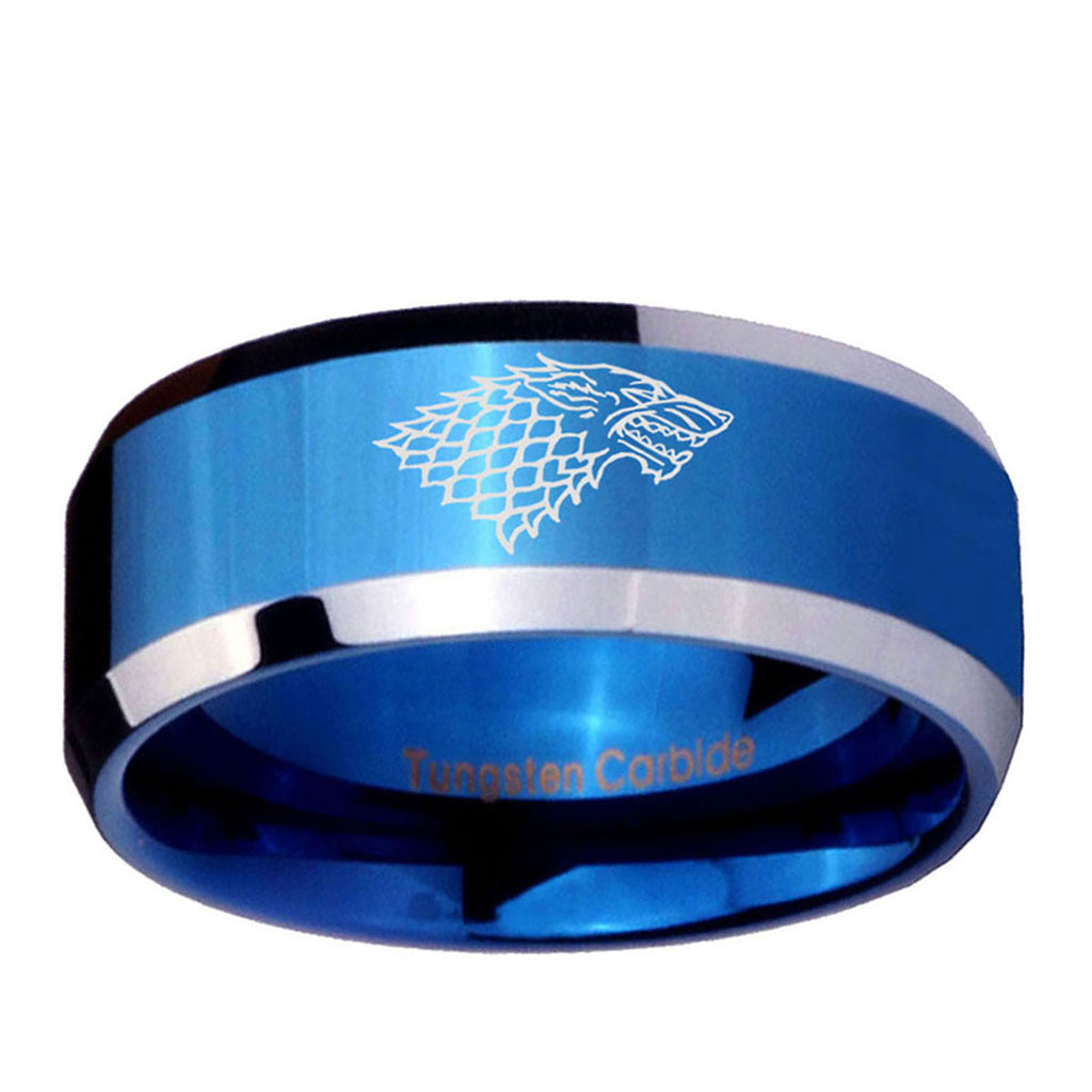 10mm Game Of Thrones House Stark Direwolf Beveled Edge Blue 2 Tone Tungsten Ring