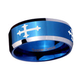 8mm-Christian-Cross-Religious-Beveled-Edges-Blue-2-Tone-Tungsten-Mens-Ring-Engraved
