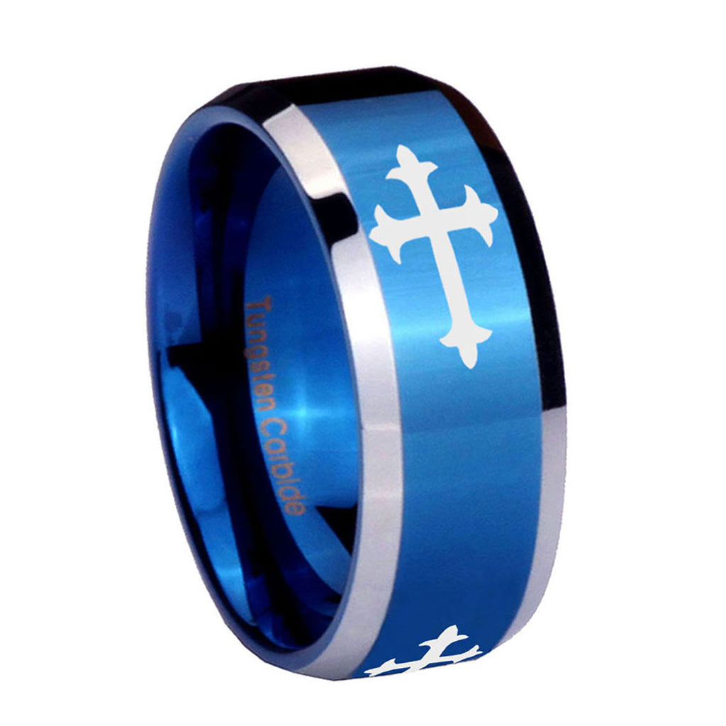 10mm Christian Cross Religious Beveled Edges Blue 2 Tone Tungsten Men's Engagement Ring