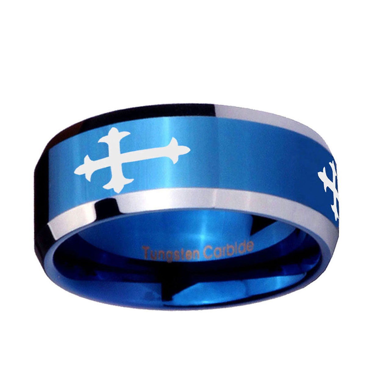 5MM Christian Cross Religious Beveled Blue Tungsten Mens Ring
