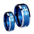 Christian Cross Religious Beveled Blue 2 Tone Tungsten Wedding Set Ring