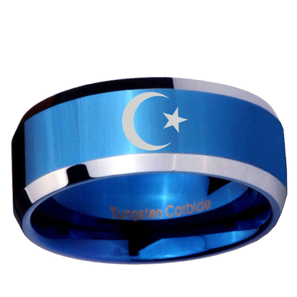 10mm Crescent Moon Stars Beveled Edge Blue 2 Tone Tungsten Ring