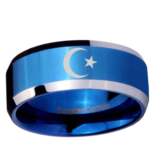 10mm Crescent Moon Stars Beveled Edge Blue 2 Tone Tungsten Ring