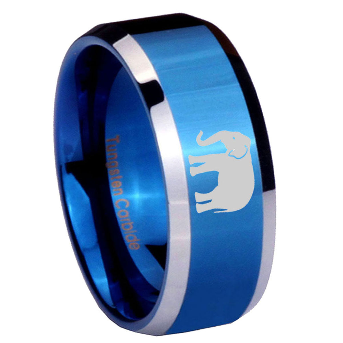 10mm Elephant Beveled Edges Blue 2 Tone Tungsten Men's Engagement Ring