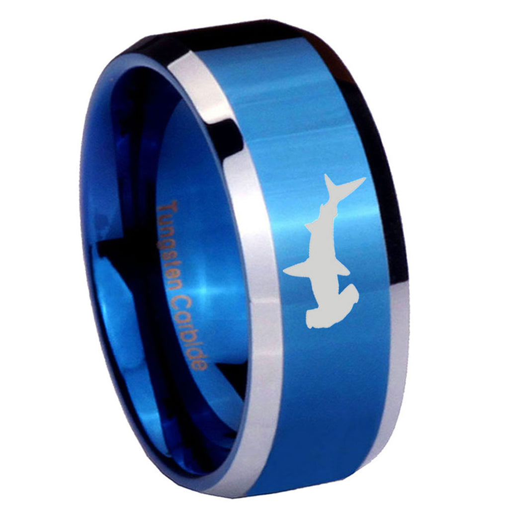 10mm Hammerhead Shark Beveled Edges Blue 2 Tone Tungsten Men's Engagement Ring