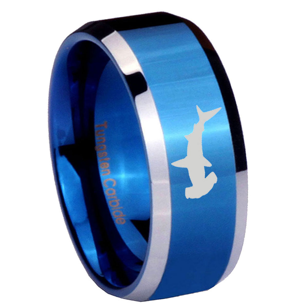 10mm Hammerhead Shark Beveled Edges Blue 2 Tone Tungsten Men's Engagement Ring