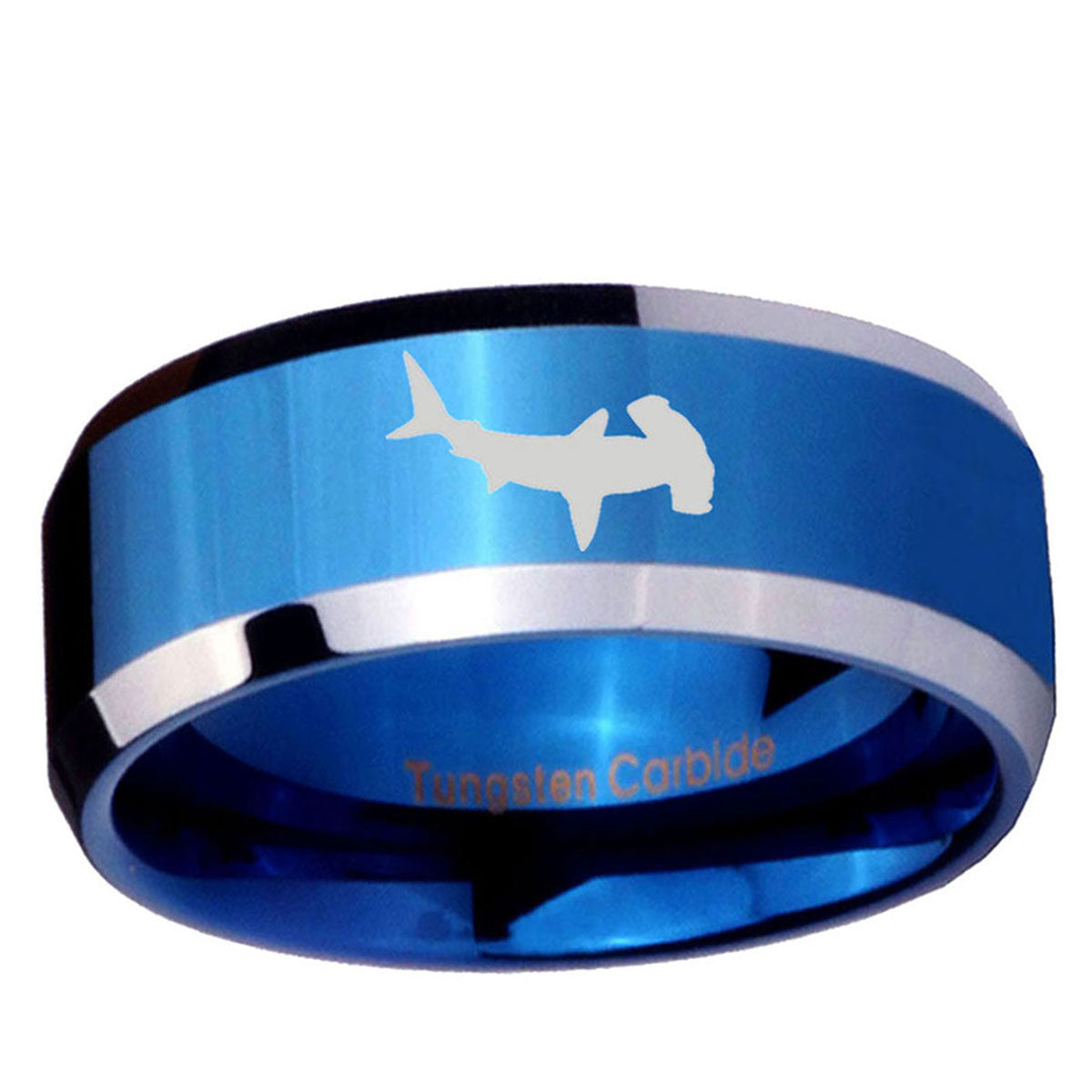 10mm Hammerhead Shark Beveled Edge Blue 2 Tone Tungsten Ring