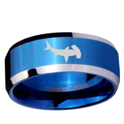 10mm Hammerhead Shark Beveled Edge Blue 2 Tone Tungsten Ring