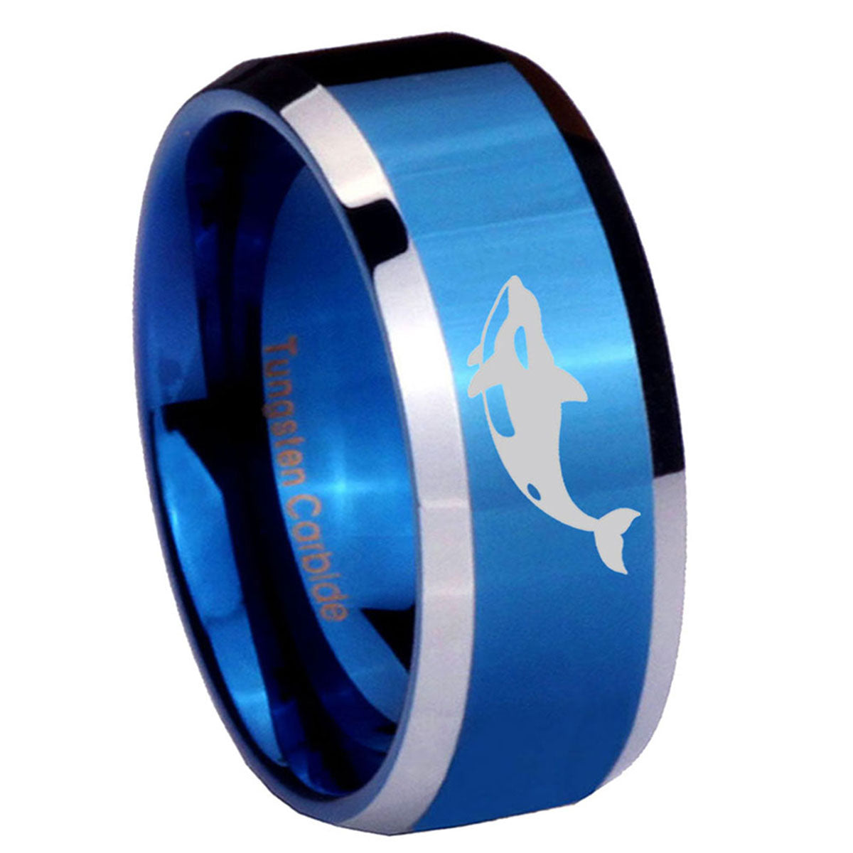 8MM Killer Whale Beveled Blue Tungsten Engravable Ring