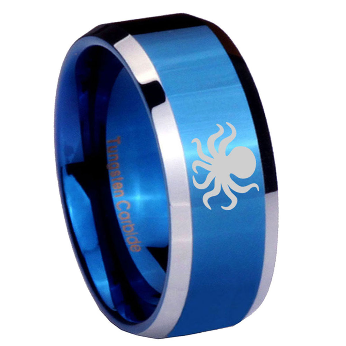 8MM Octopus Beveled Blue Tungsten Mens Promise Ring