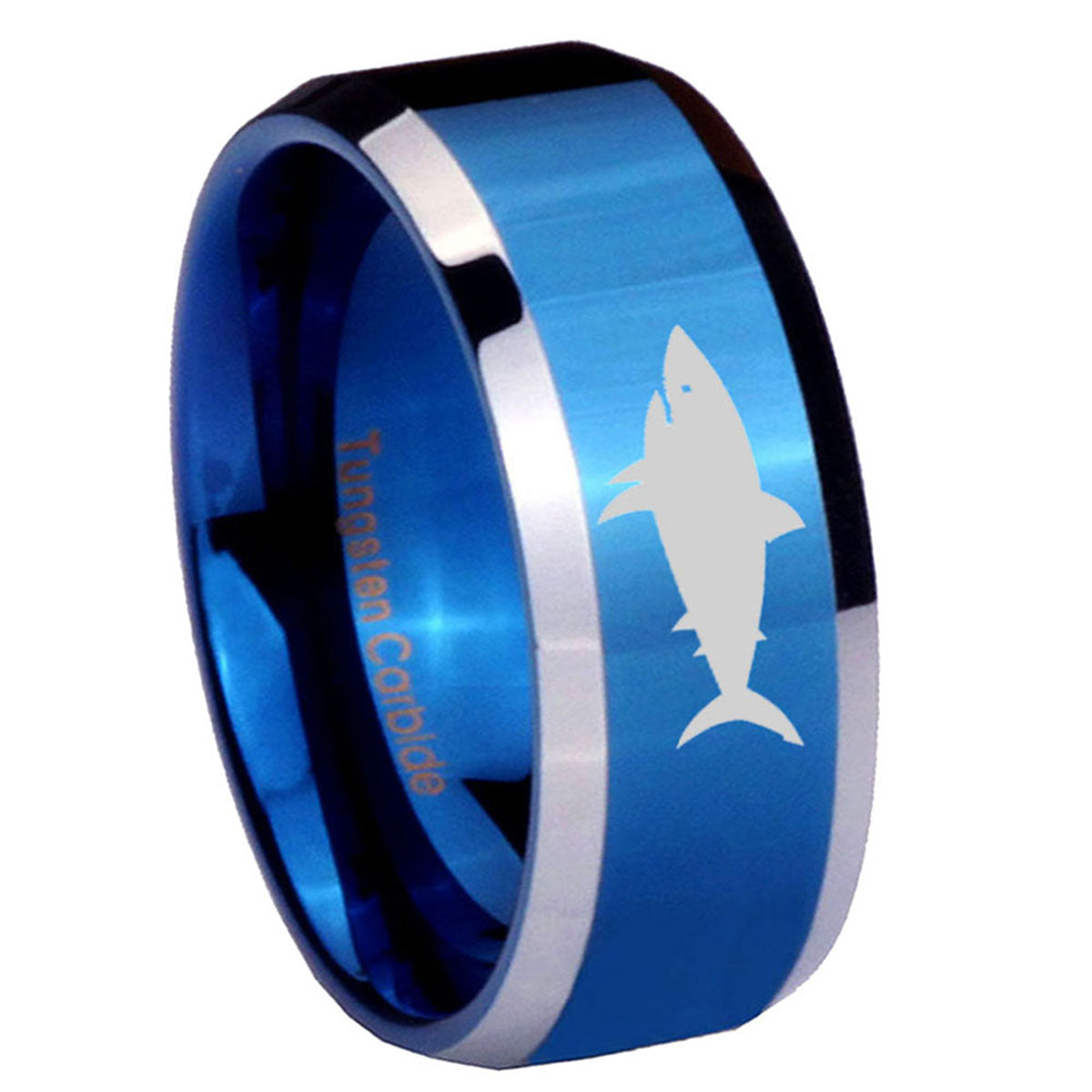 8MM Shark Beveled Blue Tungsten Wedding Rings