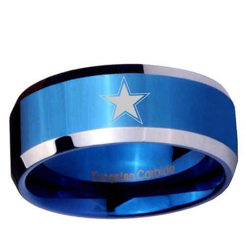 10mm Cowboys Star Beveled Edge Blue 2 Tone Tungsten Ring