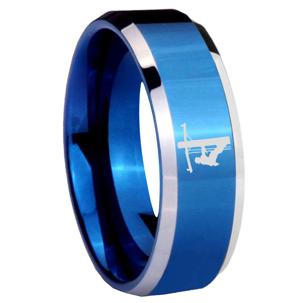 8MM Lineman Symbol Beveled Blue Tungsten Wedding Band