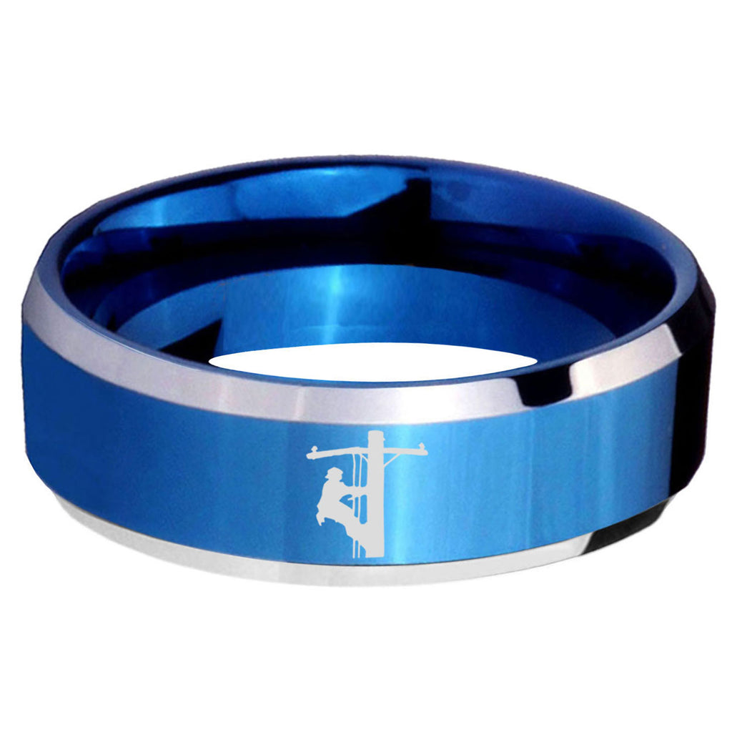 5MM Lineman Symbol Beveled Blue Tungsten Wedding Band