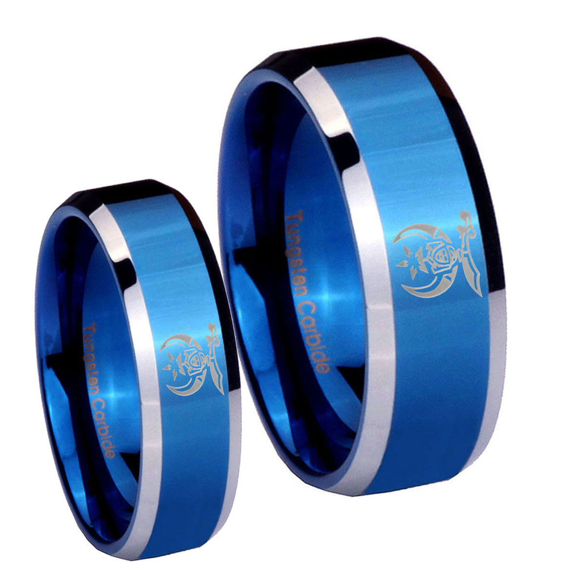 Masonic Shriners Beveled Blue 2 Tone Tungsten Wedding Set Rings