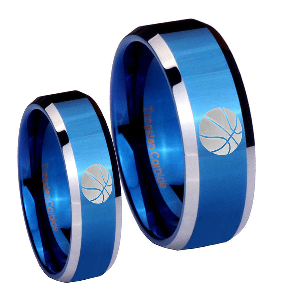 Basketball Beveled Edges Blue 2 Tone Tungsten His Hers Set Rings