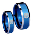 Basketball Beveled Edges Blue 2 Tone Tungsten His Hers Set Rings