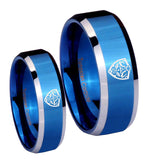 His Hers Zelda Hylian Shield Beveled Edges Blue 2 Tone Tungsten Engraved Ring Set