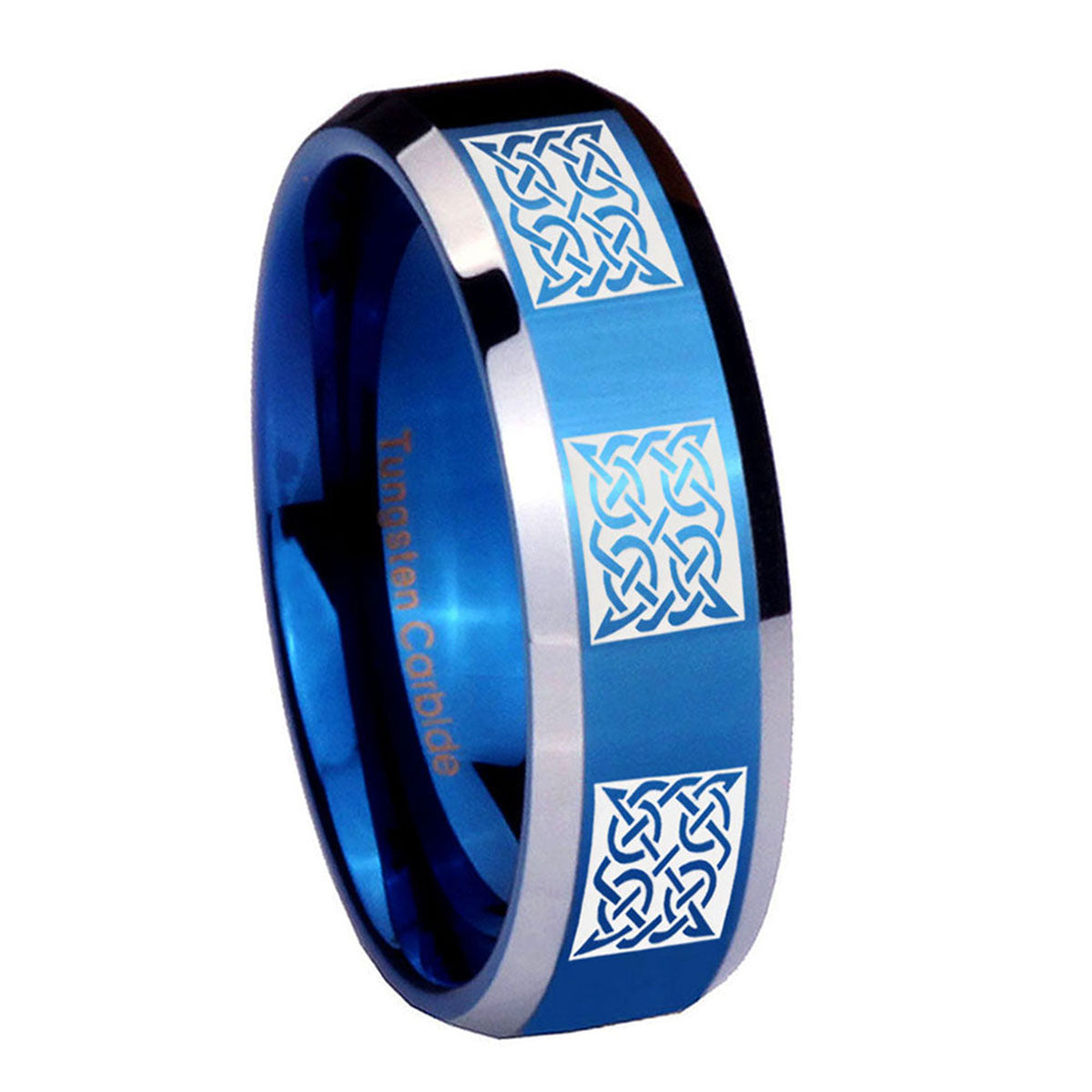 8MM Multiple Celtic Beveled Blue Tungsten Mens Ring