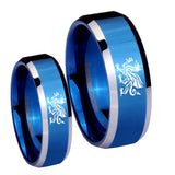 His and Hers Dragon Beveled Edges Blue 2 Tone Tungsten Mens Bands Ring Set