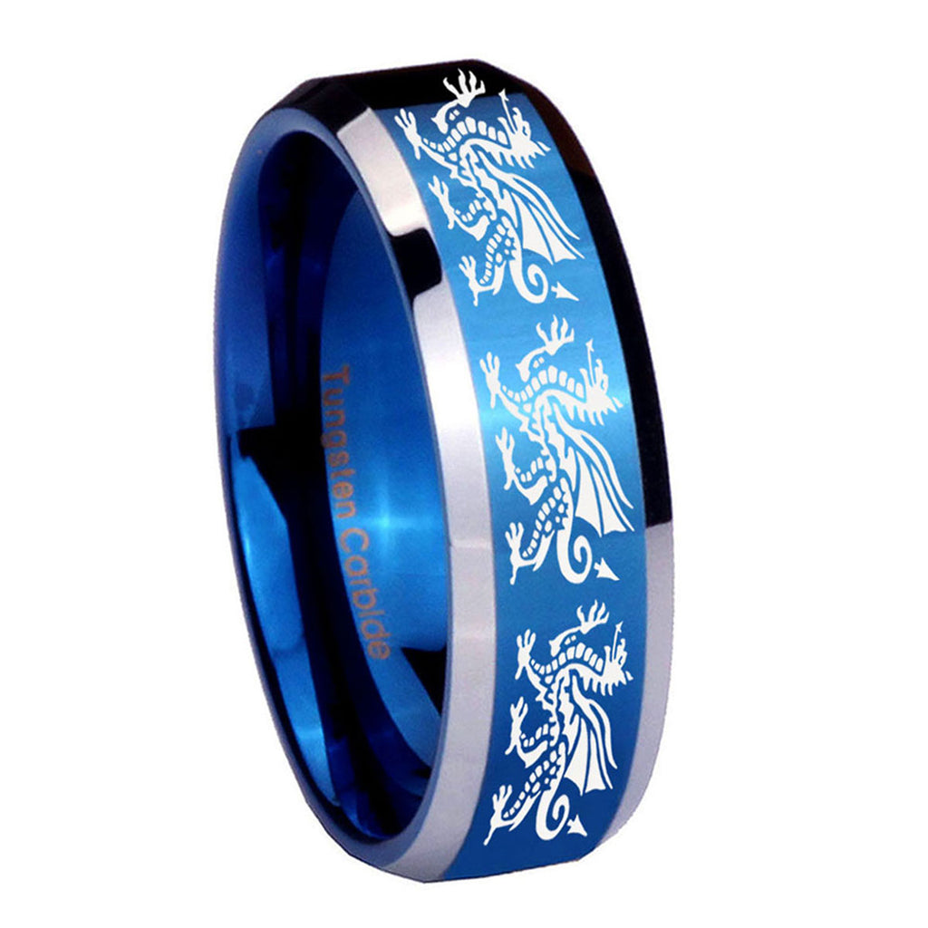 10mm Multiple Dragon Beveled Edges Blue 2 Tone Tungsten Carbide Mens Bands Ring