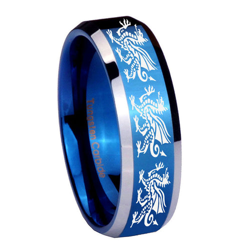 10mm Multiple Dragon Beveled Edges Blue 2 Tone Tungsten Carbide Mens Bands Ring