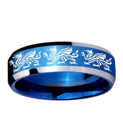 10mm Multiple Dragon Beveled Edge Blue 2 Tone Tungsten Carbide Mens Bands Ring
