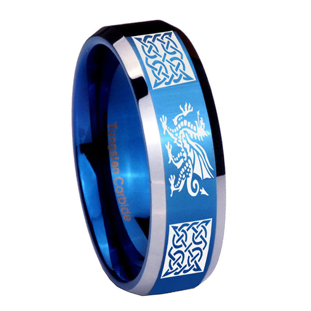 8MM Multiple Dragon Celtic Beveled Blue Tungsten Wedding Band