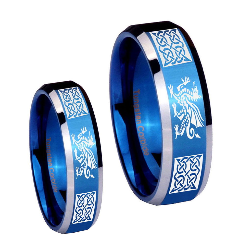 Multiple Dragon Celtic Beveled Blue 2 Tone Tungsten Bridal Set Ring