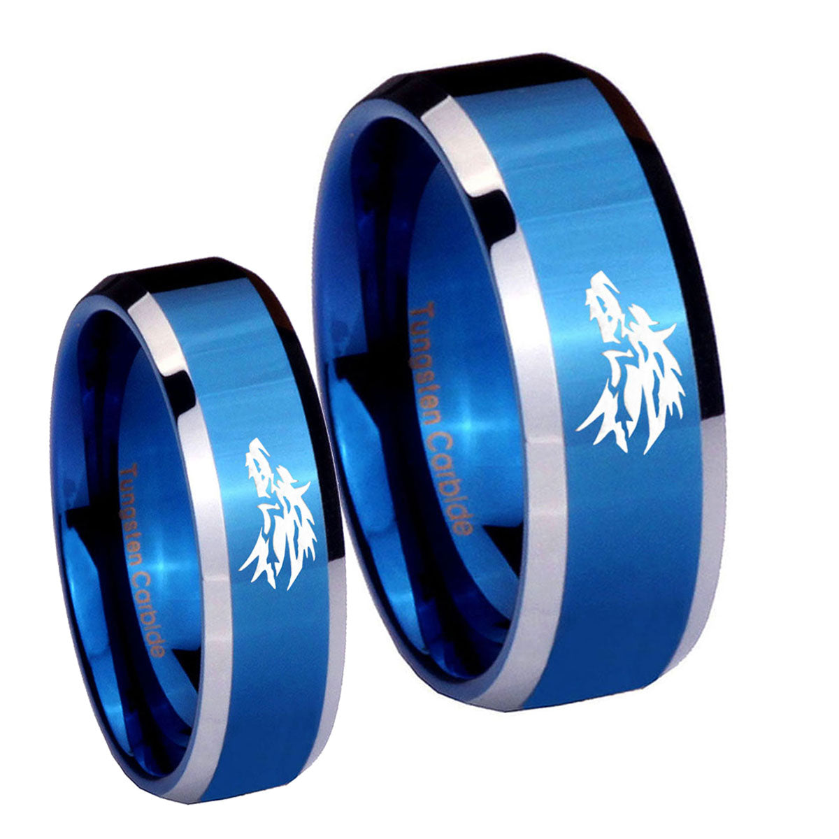 Wolf Beveled Edges Blue 2 Tone Tungsten Mens Set Rings