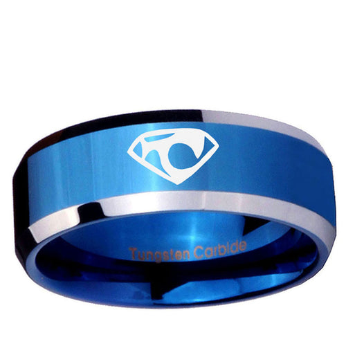 10mm House of Van Beveled Edge Blue 2 Tone Tungsten Carbide Mens Bands Ring