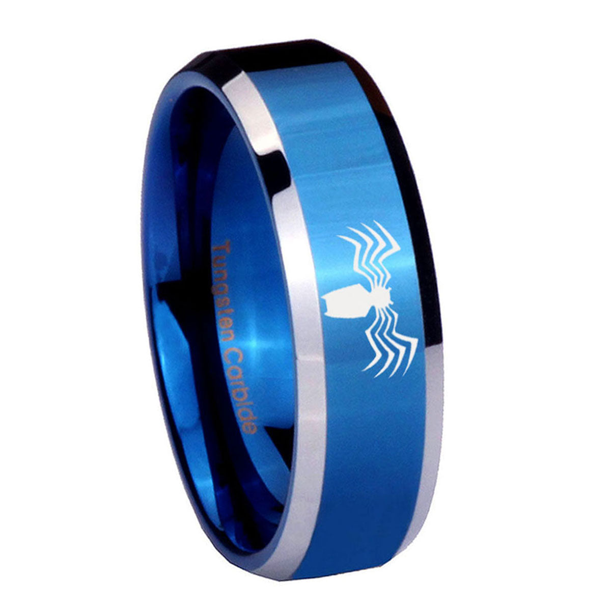 8MM Spider Beveled Blue Tungsten Promise Ring For Him