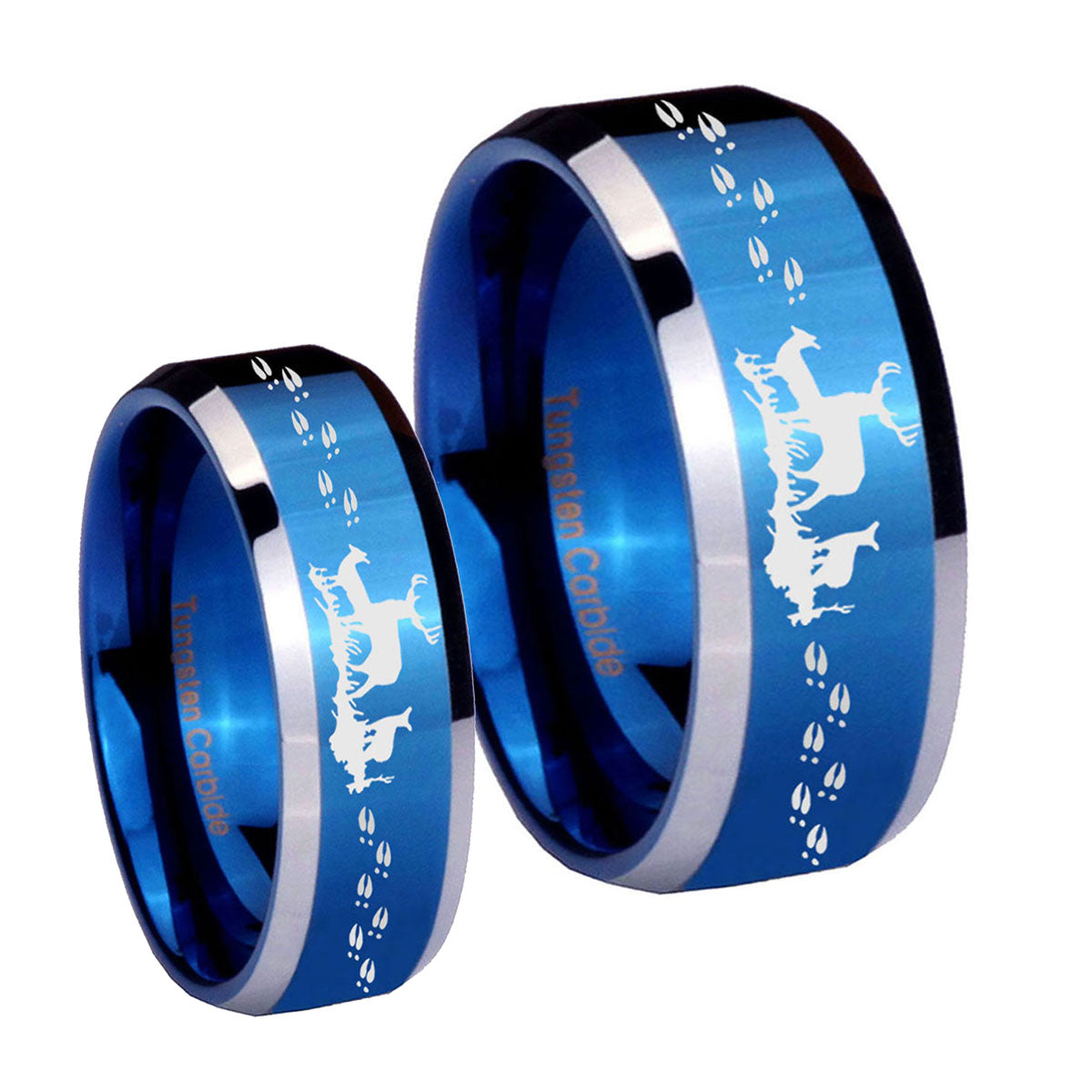 Deer Hunting Beveled Blue 2 Tone Tungsten Wedding Ring Sets
