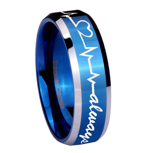 10mm Heart Beat forever Heart always Beveled Blue 2 Tone Tungsten Mens Ring