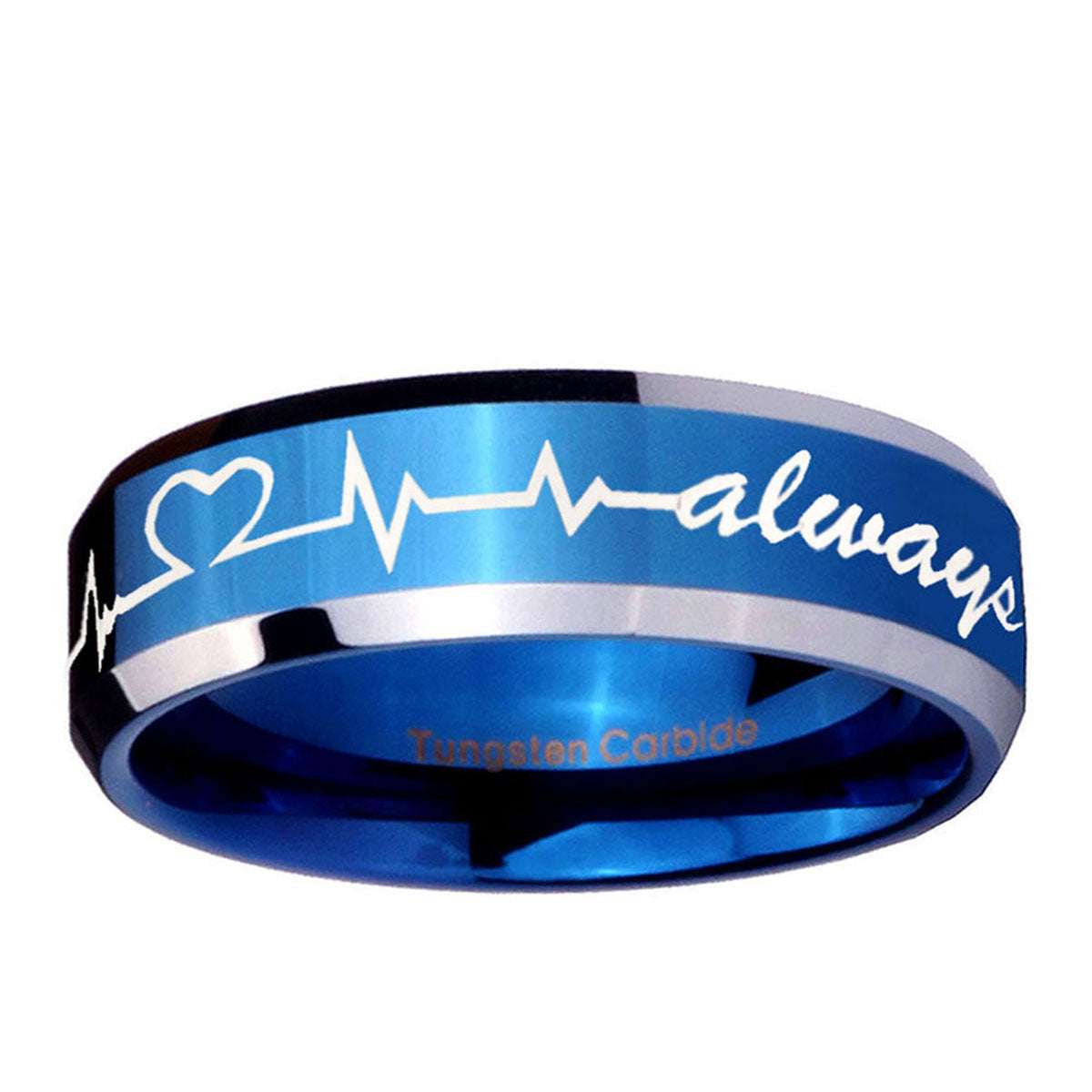 10mm Heart Beat forever Heart always Beveled Blue 2 Tone Tungsten Mens Ring
