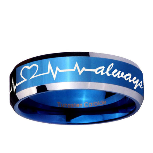 10mm Heart Beat forever Heart always Beveled Blue 2 Tone Tungsten Mens Ring