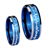 His Hers Heart Beat forever Heart always Beveled Blue 2 Tone Tungsten Bands Ring Set