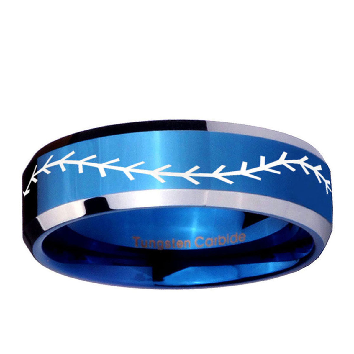 10mm Baseball Stitch Beveled Edge Blue 2 Tone Tungsten Ring