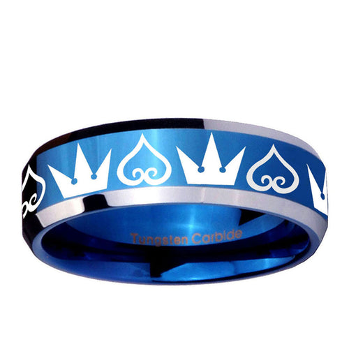10mm Hearts and Crowns Beveled Edge Blue 2 Tone Tungsten Mens Promise Ring