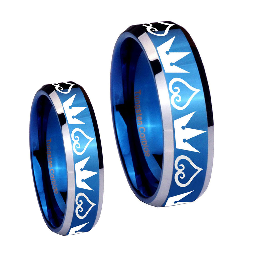 Hearts and Crowns Beveled Edges Blue 2 Tone Tungsten His Hers Ring Set