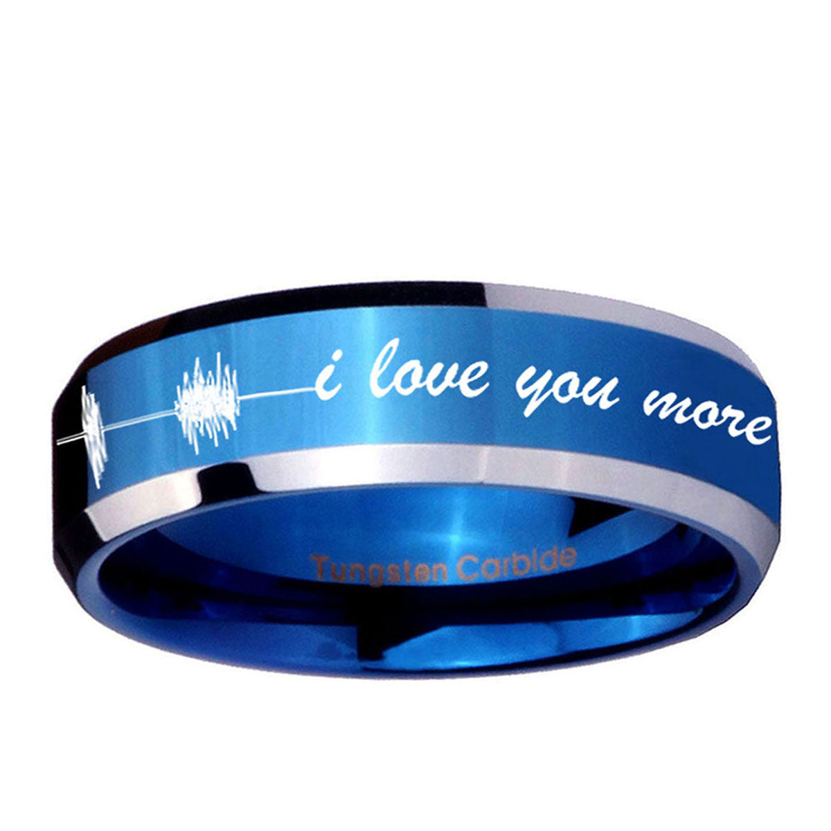 5MM Sound Wave, I love you Beveled Blue Tungsten Ring For Man